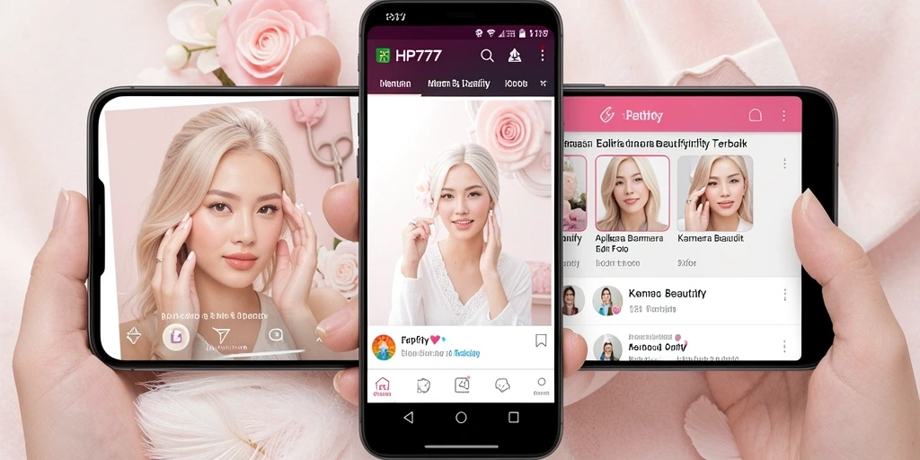 Antarmuka HP777 menampilkan berbagai alat Kamera Beautify untuk edit foto.