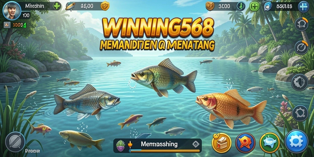 Antarmuka game WINNING568 yang menarik dan penuh warna saat memancing.